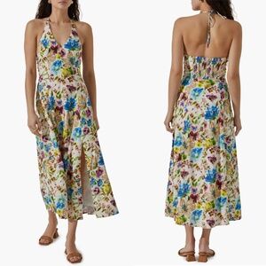 NEW ASTR THE LABEL Floral Watercolor HALTER Front Slit VACATION Linen DRESS XS